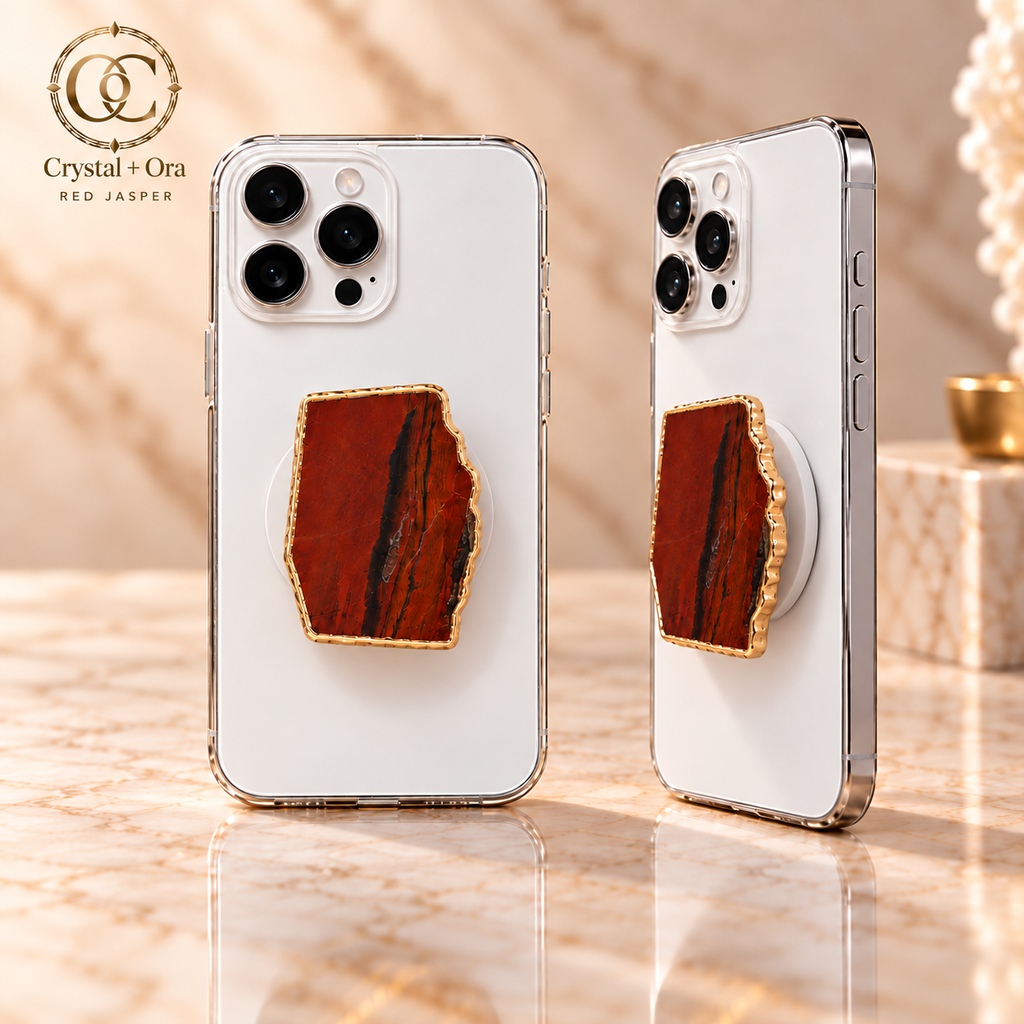 Red Jasper Mineral Phone Grip with Gold-Tone Edge — two aligned phone views