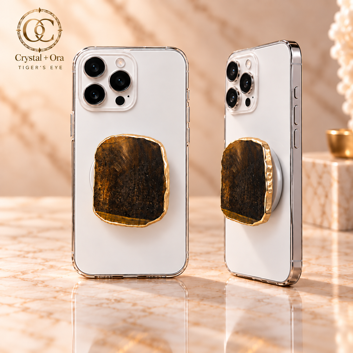 Natural Tiger’s Eye Mineral Phone Grip with Gold-Tone Edge — two aligned phone views
