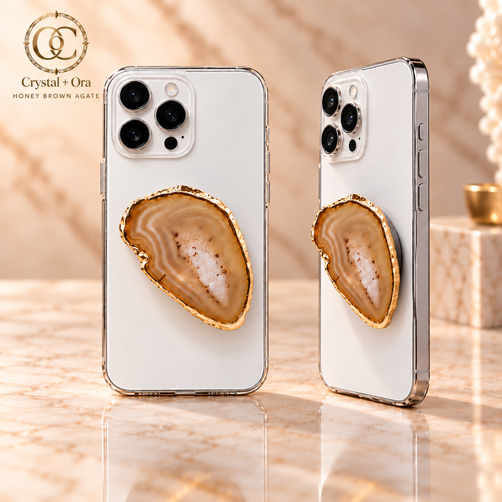 Honey Brown Agate Mineral Phone Grip with Gold-Tone Edge — two aligned phone views