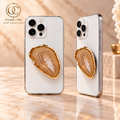 Honey Brown Agate Mineral Phone Grip with Gold-Tone Edge — two aligned phone views