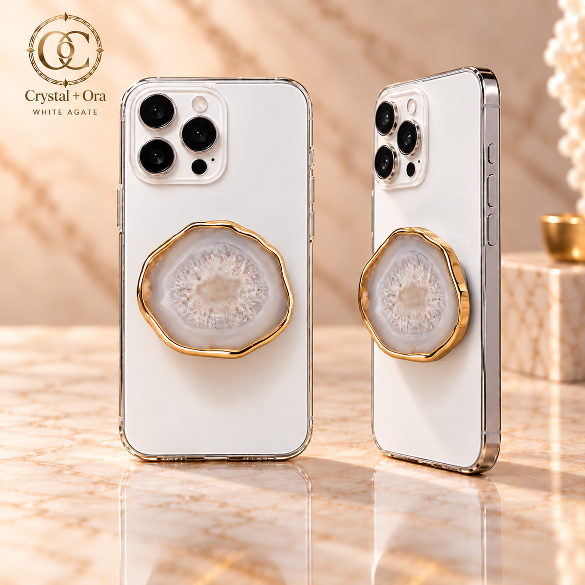 White Agate MagSafe Phone Grip with Gold-Tone Edge — two aligned phone views