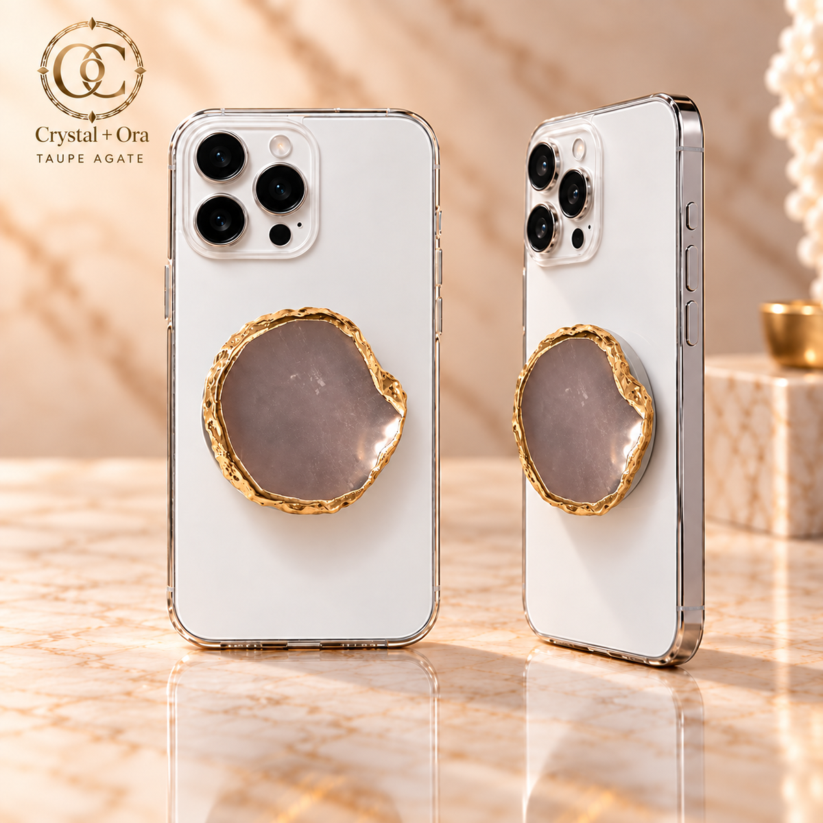 Gold-Edge Taupe Agate MagSafe Phone Grip — two aligned phone views