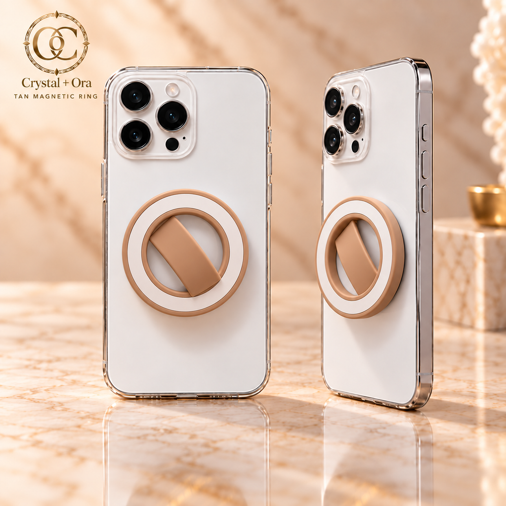 Tan Magnetic Silicone Phone Ring — two aligned phone views