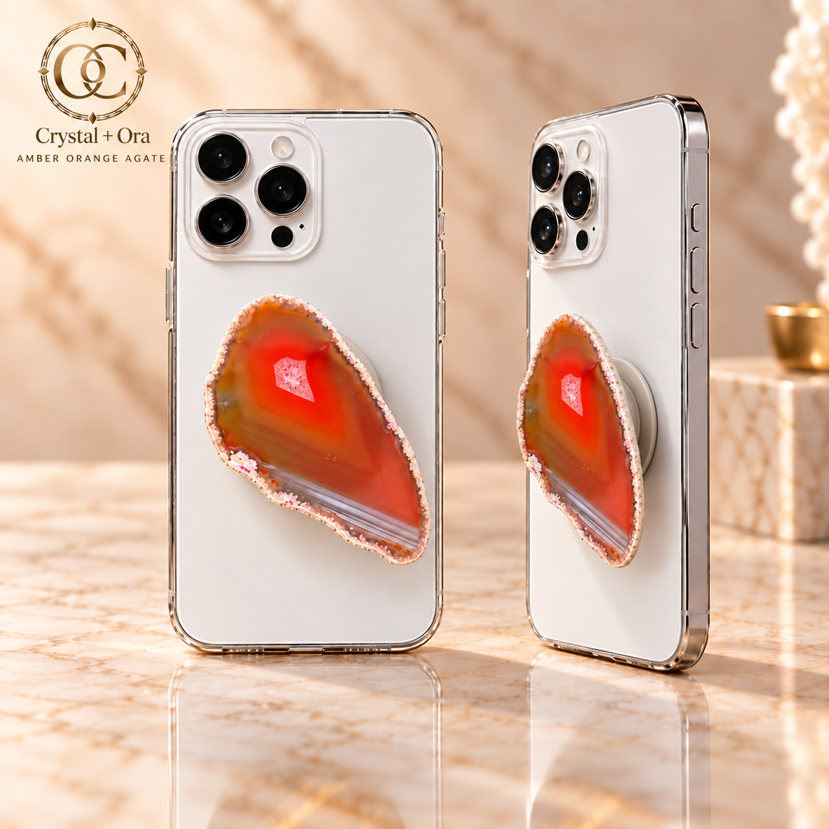 Amber Orange Agate Adhesive Phone Grip — two aligned phone views