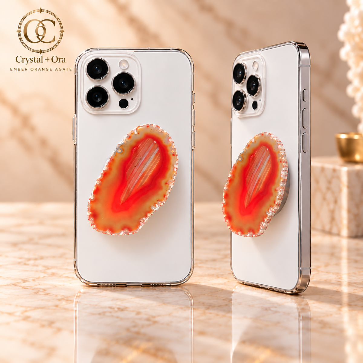 Ember Orange Agate Adhesive Phone Grip — two aligned phone views