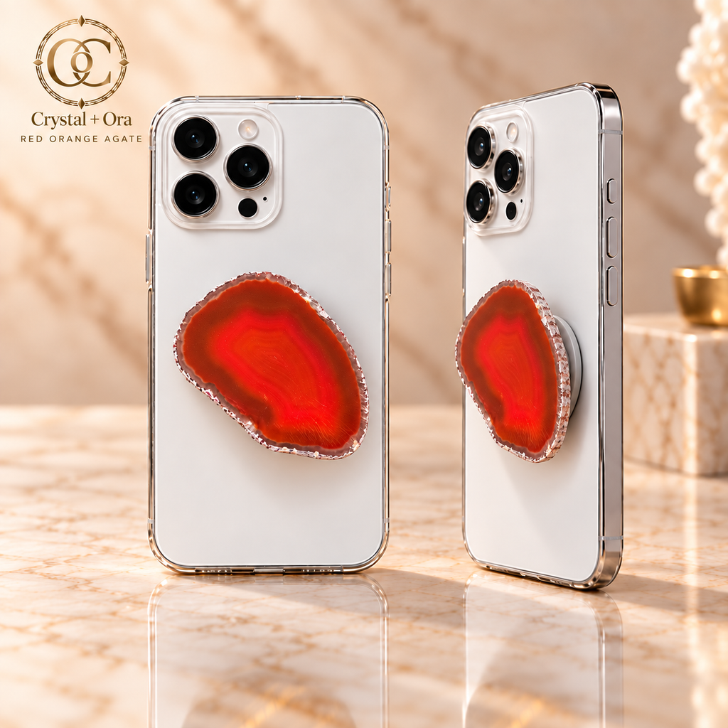 Red-Orange Agate MagSafe Phone Grip — two aligned phone views