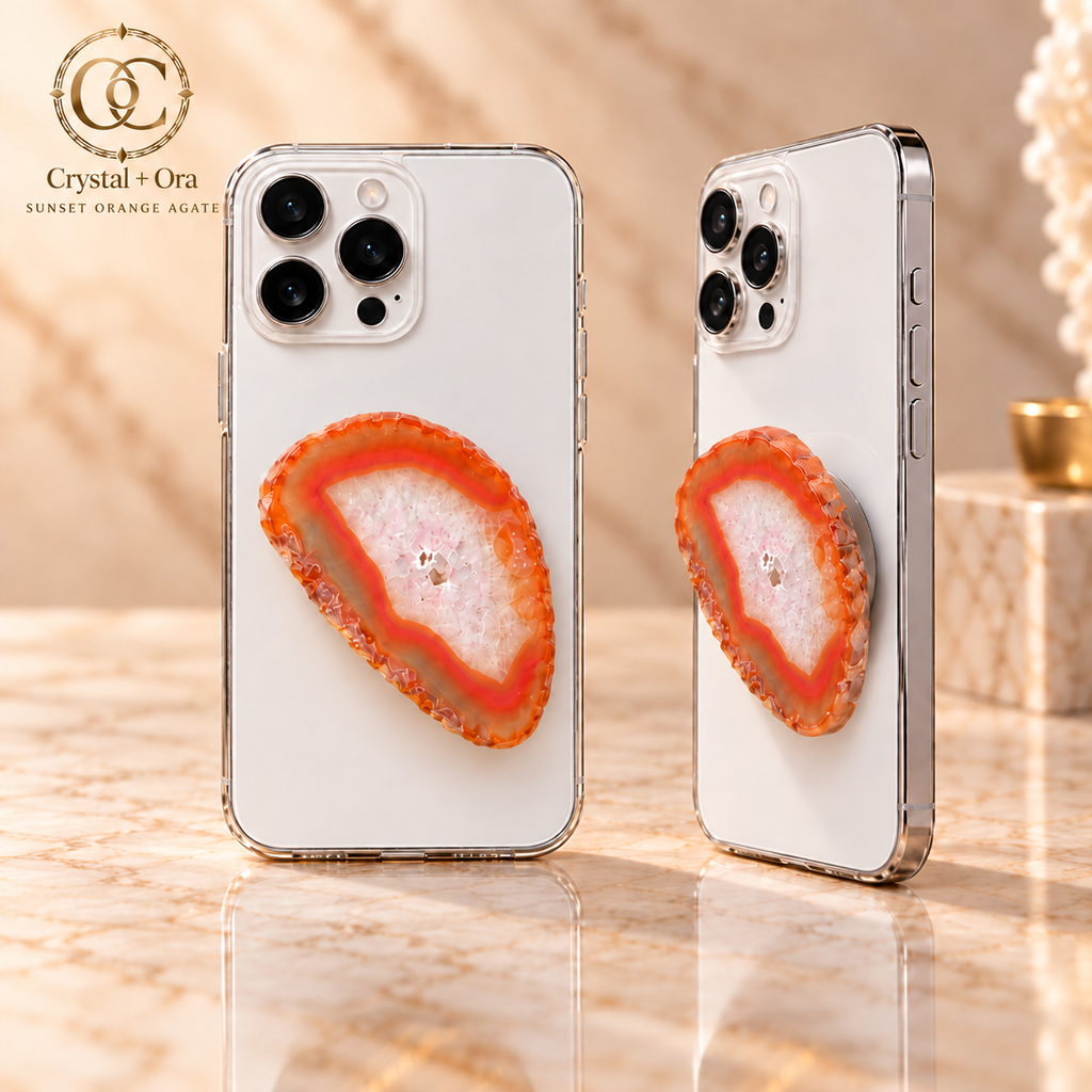 Sunset Orange Druzy Agate Adhesive Phone Grip — two aligned phone views