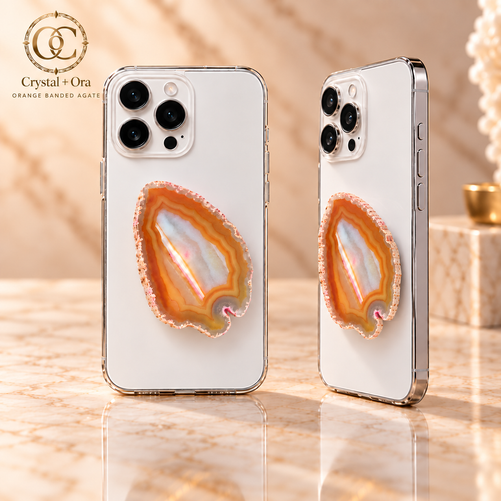 Orange Banded Agate Adhesive Phone Grip — two aligned phone views