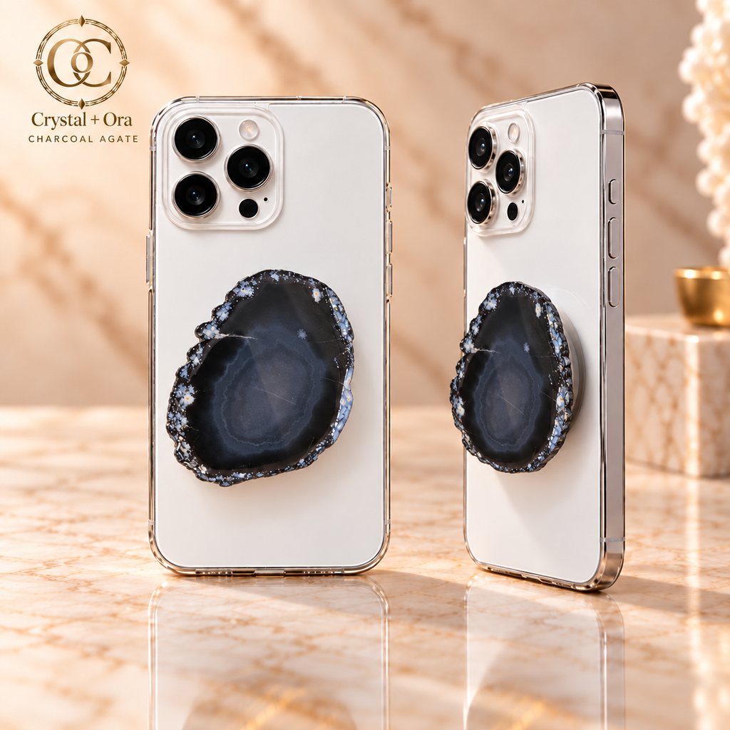 Charcoal Agate Adhesive Phone Grip — two aligned phone views