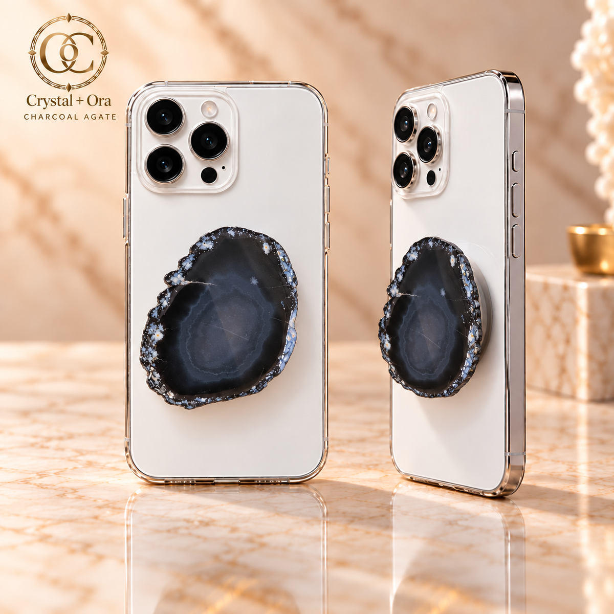 Charcoal Agate Adhesive Phone Grip — two aligned phone views