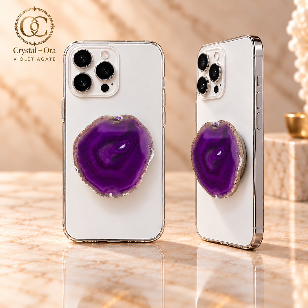 Violet Agate Adhesive Phone Grip — two aligned phone views