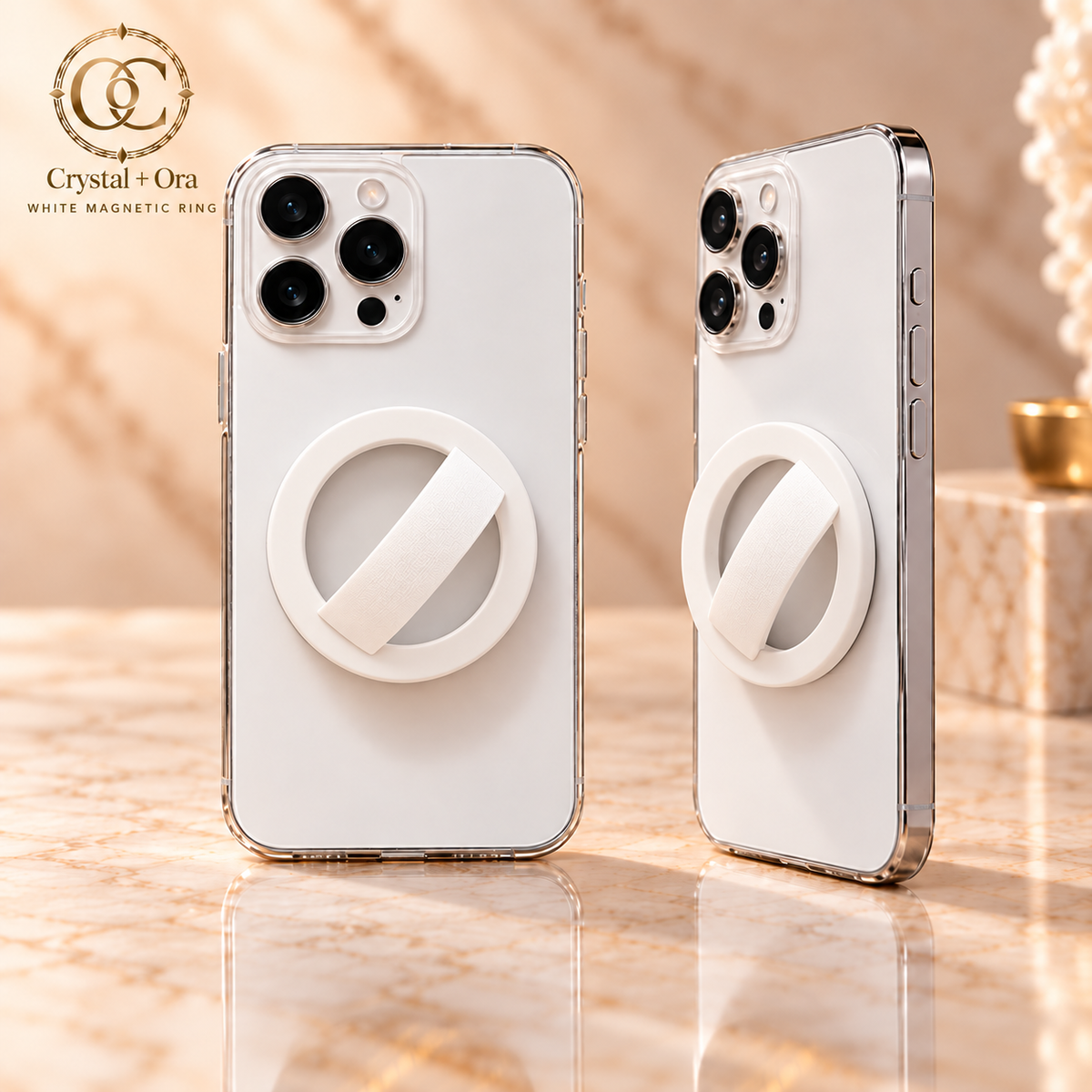 White Magnetic Silicone Phone Ring — two aligned phone views