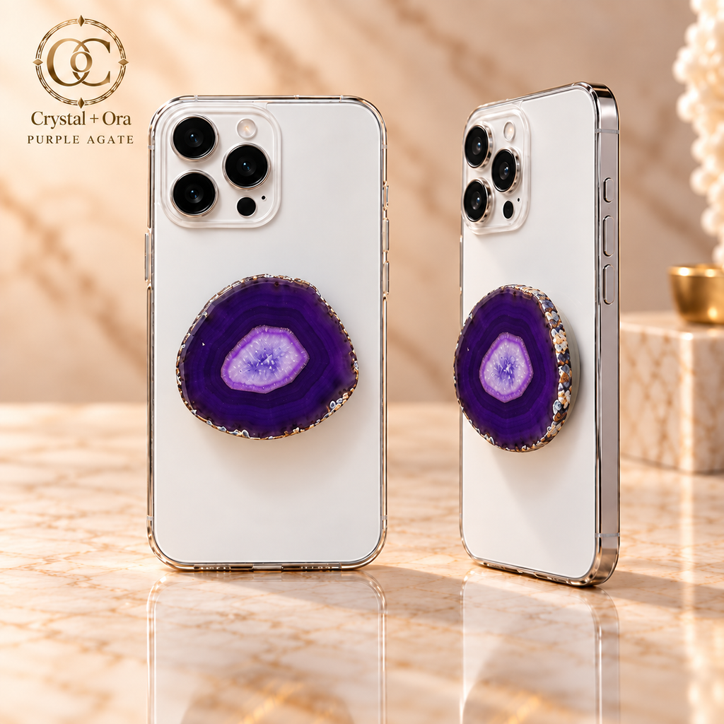 Purple Agate MagSafe Phone Grip with Druzy Center — two aligned phone views