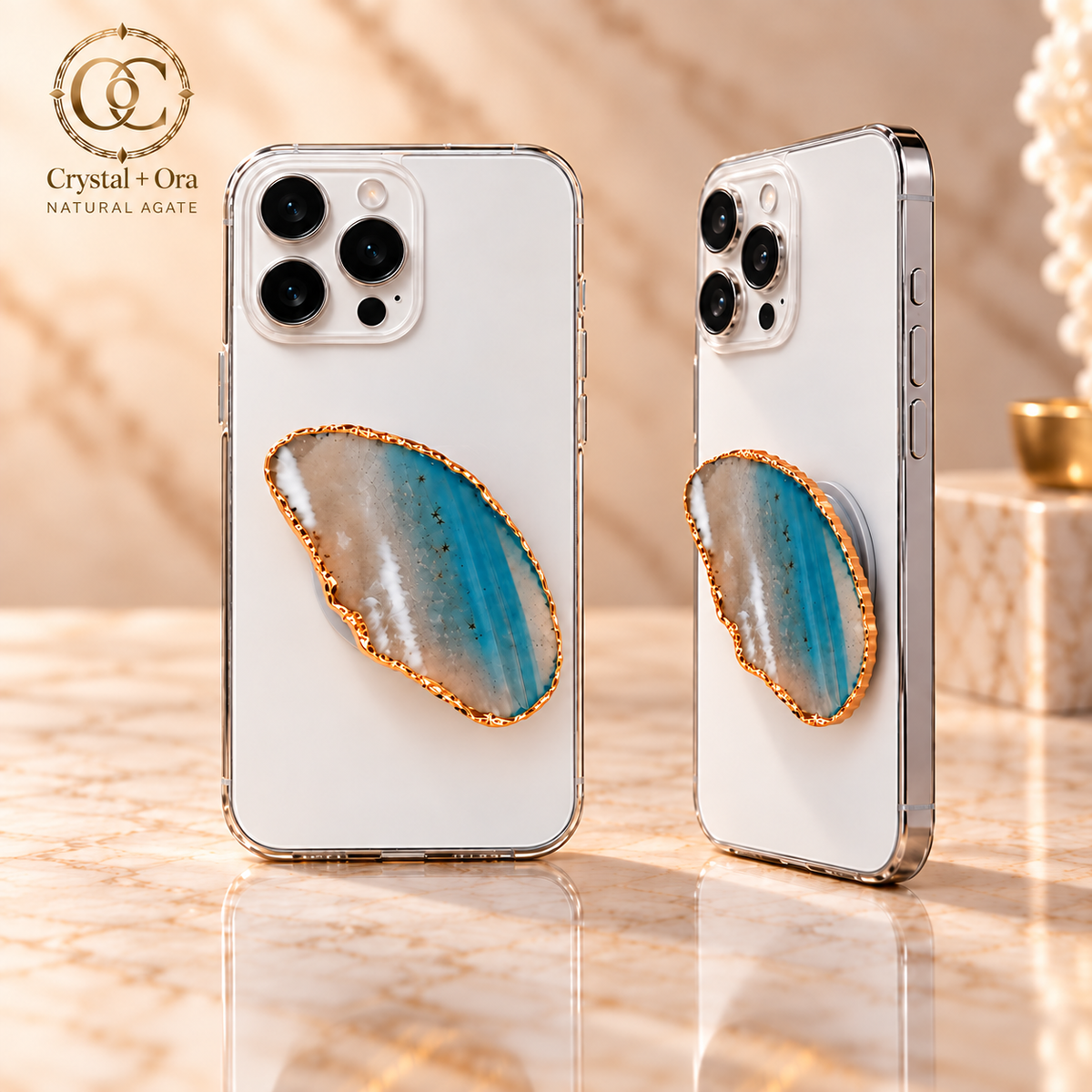 Natural Agate Mineral Phone Grip — two aligned phone views