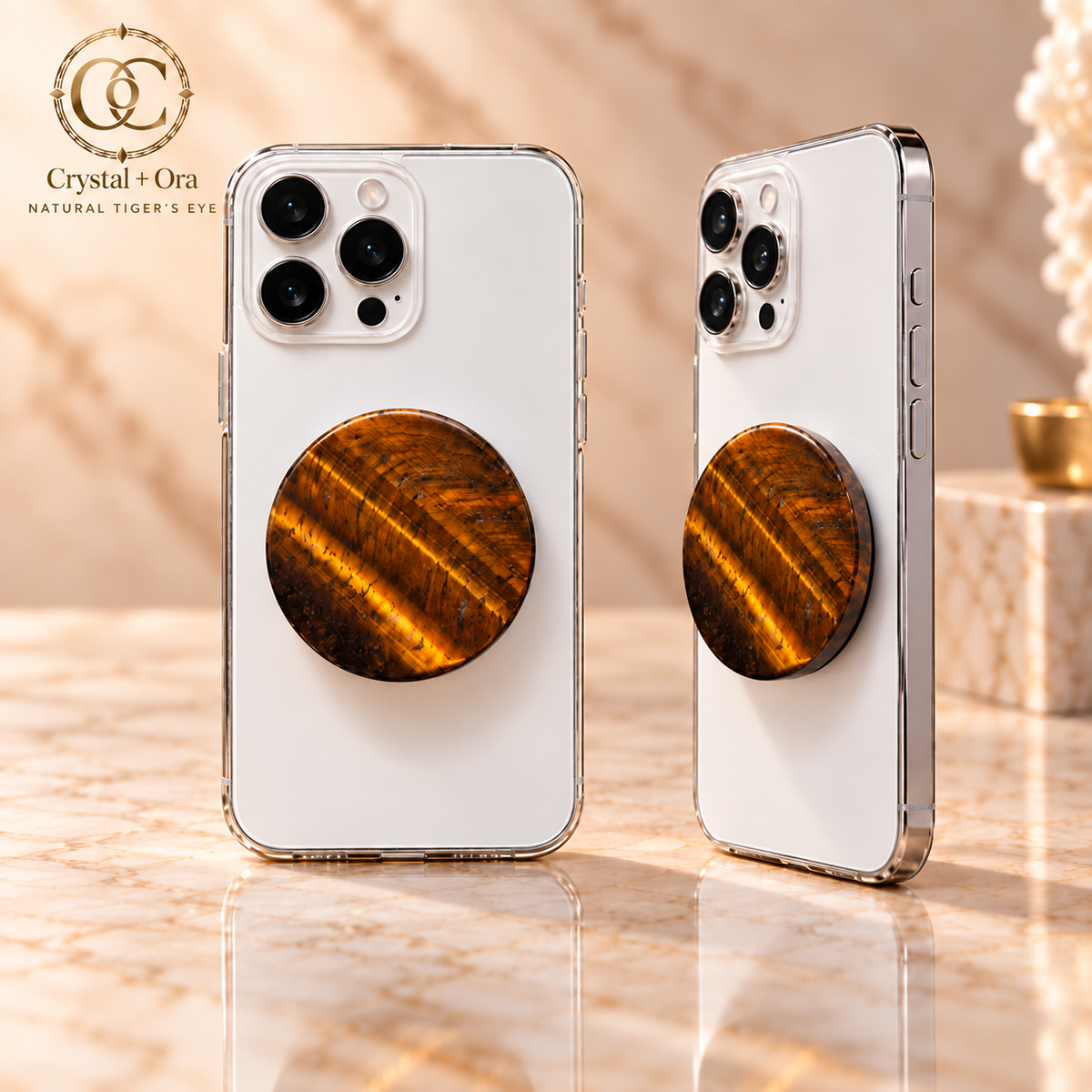 Tiger’s Eye Halo MagSafe Phone Grip — two aligned phone views