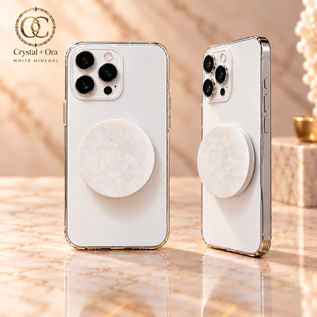 White Mineral Halo MagSafe Phone Grip — two aligned phone views