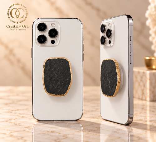Black Lava Stone Mineral Phone Grip with Gold-Tone Edge