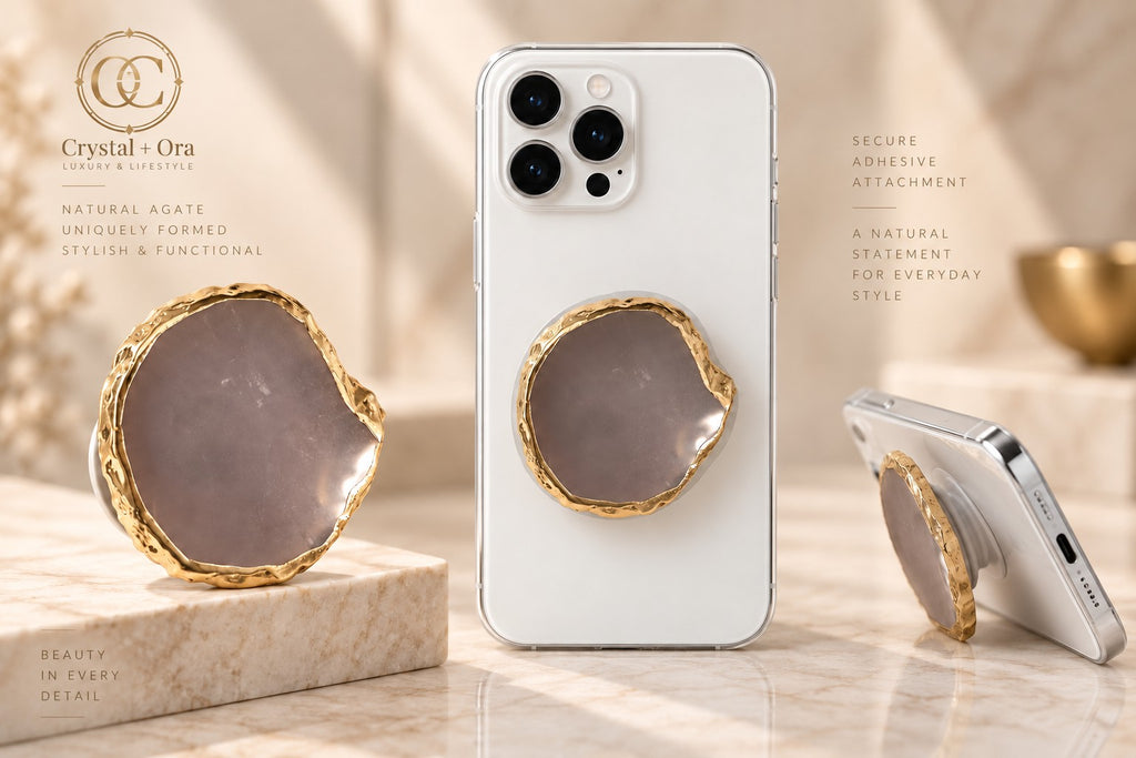 Taupe agate phone grip with textured gold-tone edging on white phones