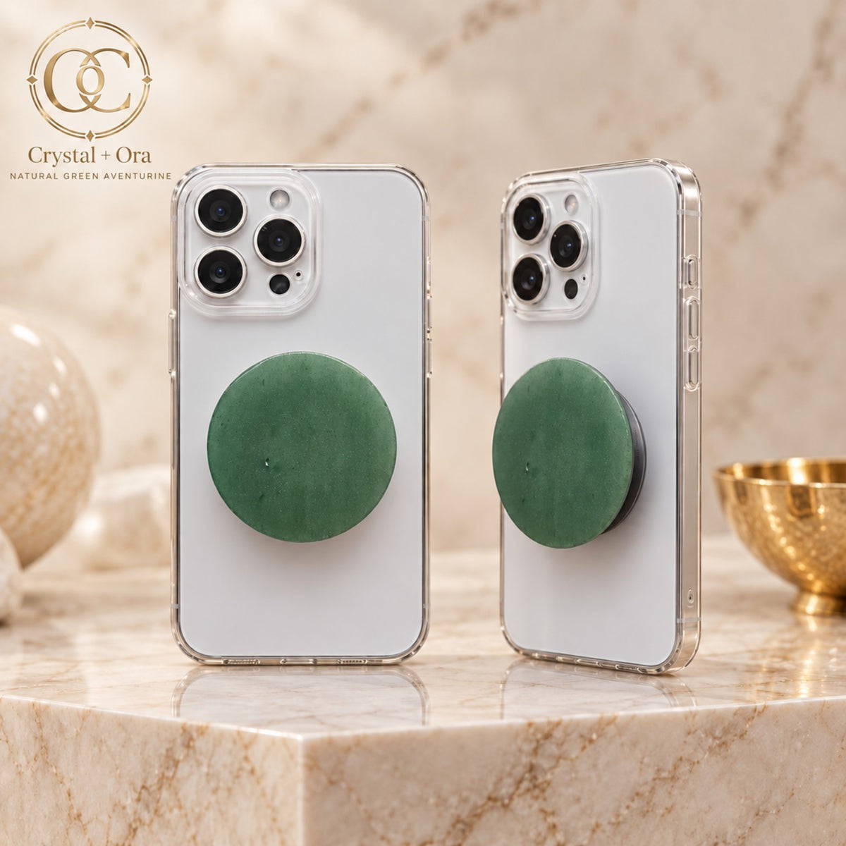 Round polished green aventurine Halo phone grip on white phones
