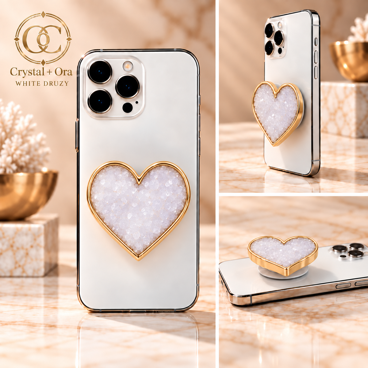 White heart-shaped druzy adhesive phone grip with smooth gold-tone edging