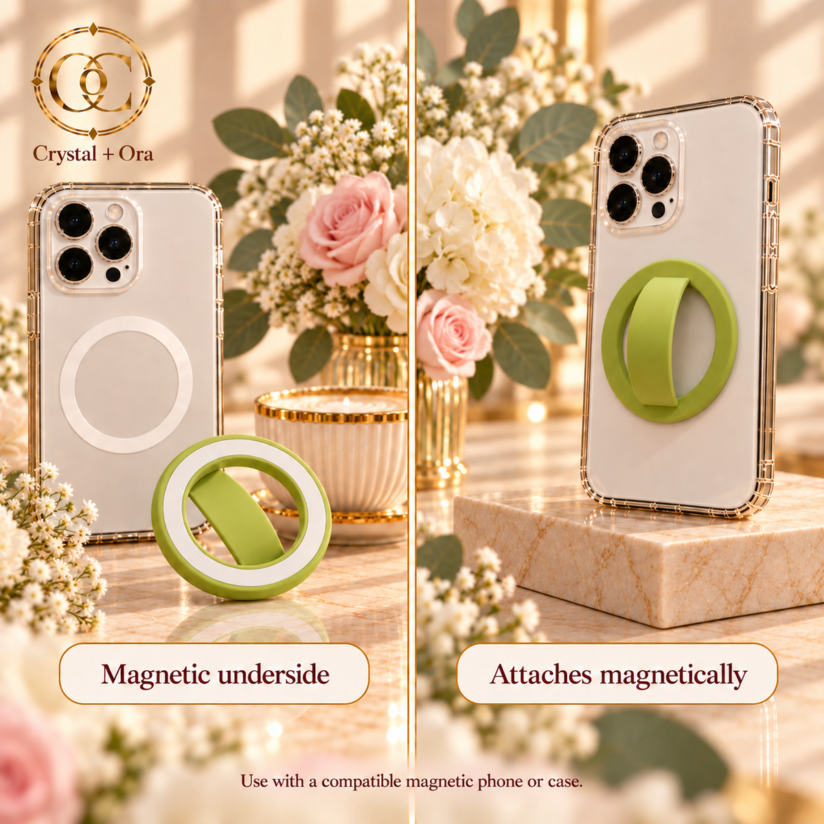 Lime green silicone phone ring showing magnetic underside and attachment with ivory and blush florals