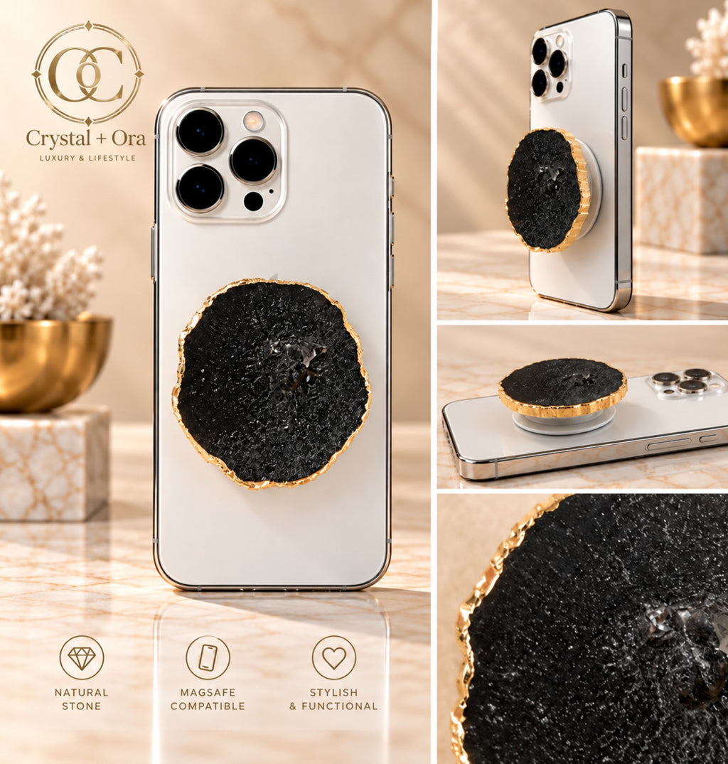 Midnight Noir black druzy MagSafe phone grip with gold-tone edge