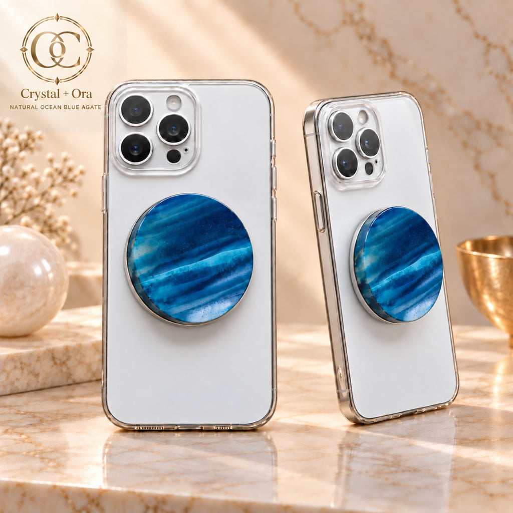 Round ocean blue agate Halo phone grip with deep blue, turquoise and pale bands on white phones