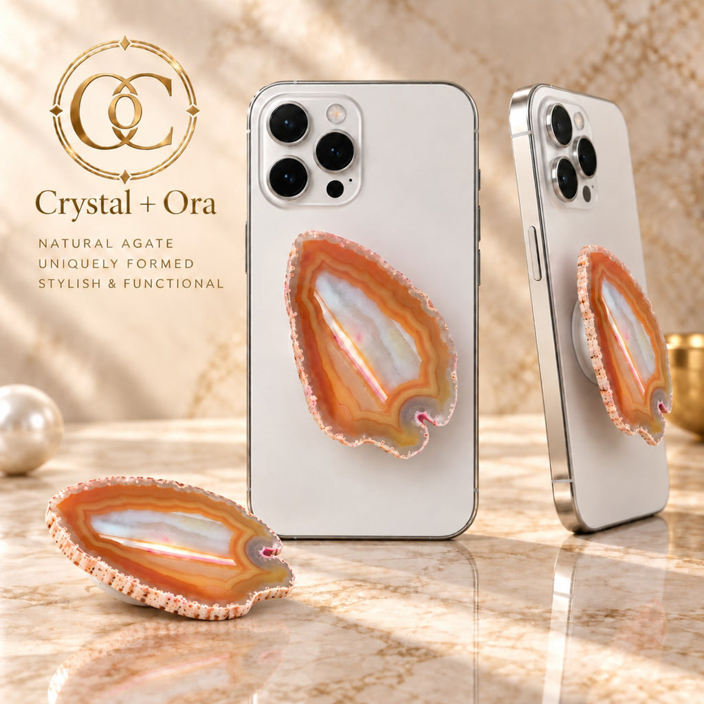 Orange-banded agate adhesive phone grip with a pale center and freeform outline