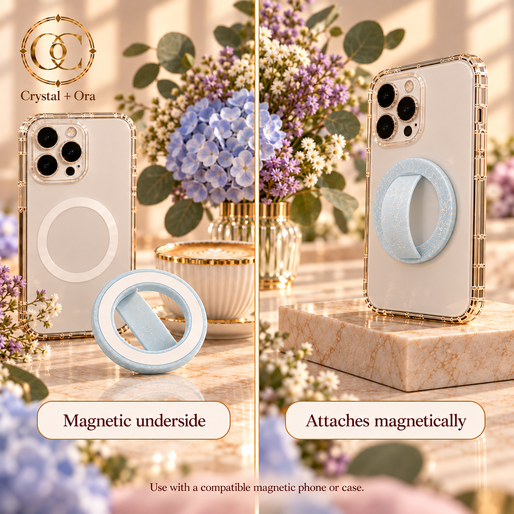 Pale blue silicone phone ring with tiny sparkle flakes showing magnetic underside and attachment to a compatible case