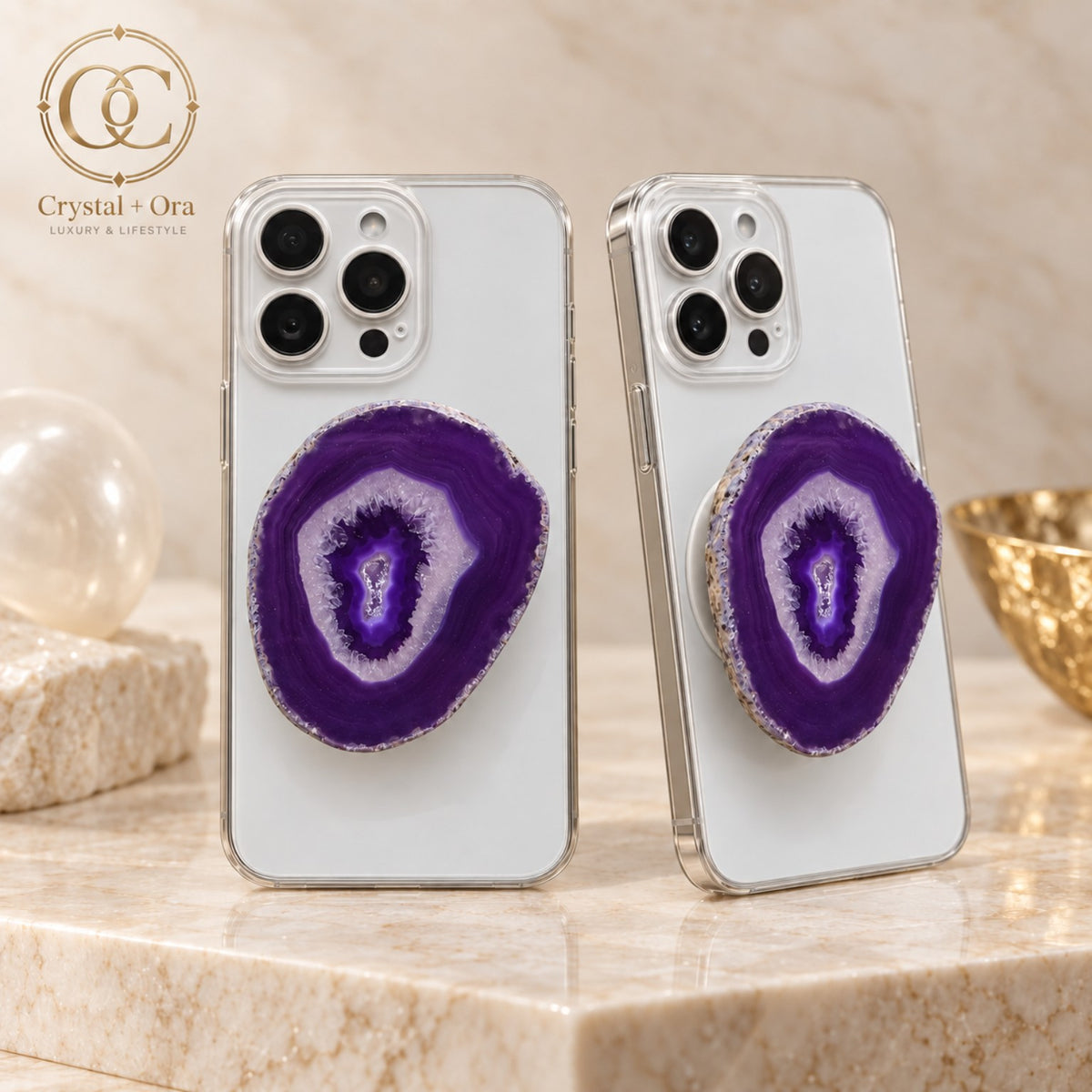 Purple agate MagSafe phone grip with a pale lavender druzy center on white phones