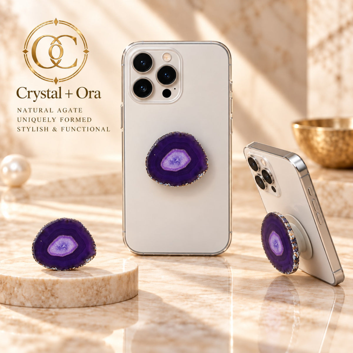 Purple agate MagSafe phone grip on white phones
