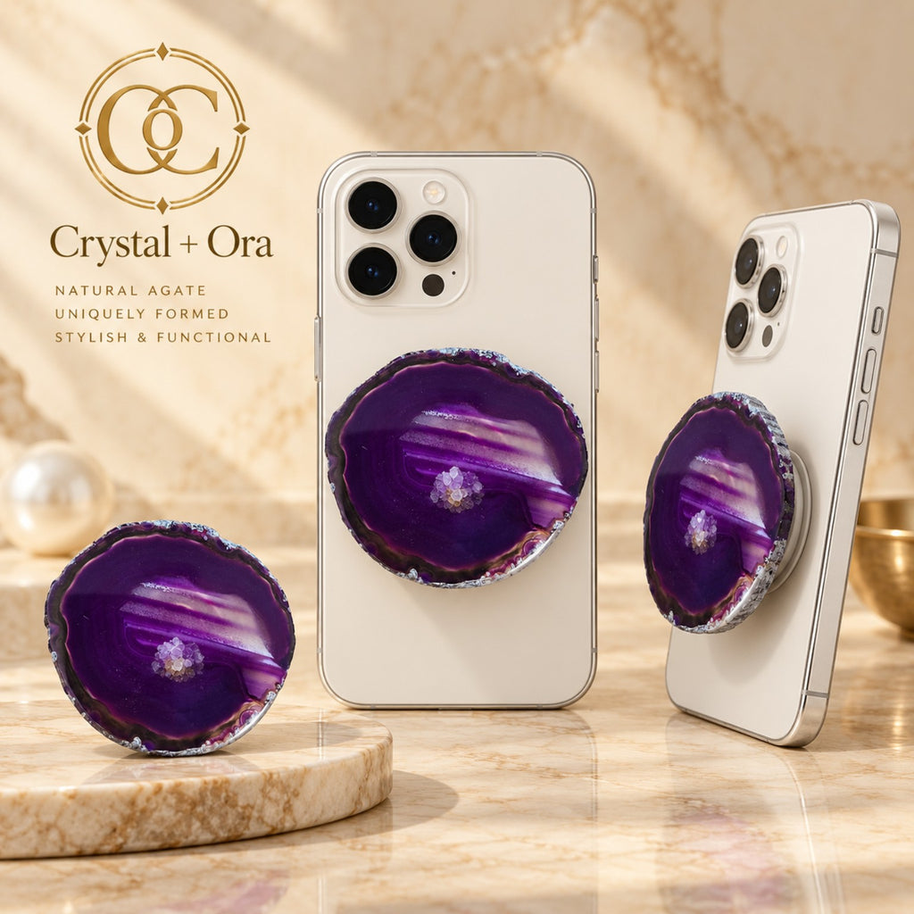 Purple banded agate MagSafe phone grip on white phones