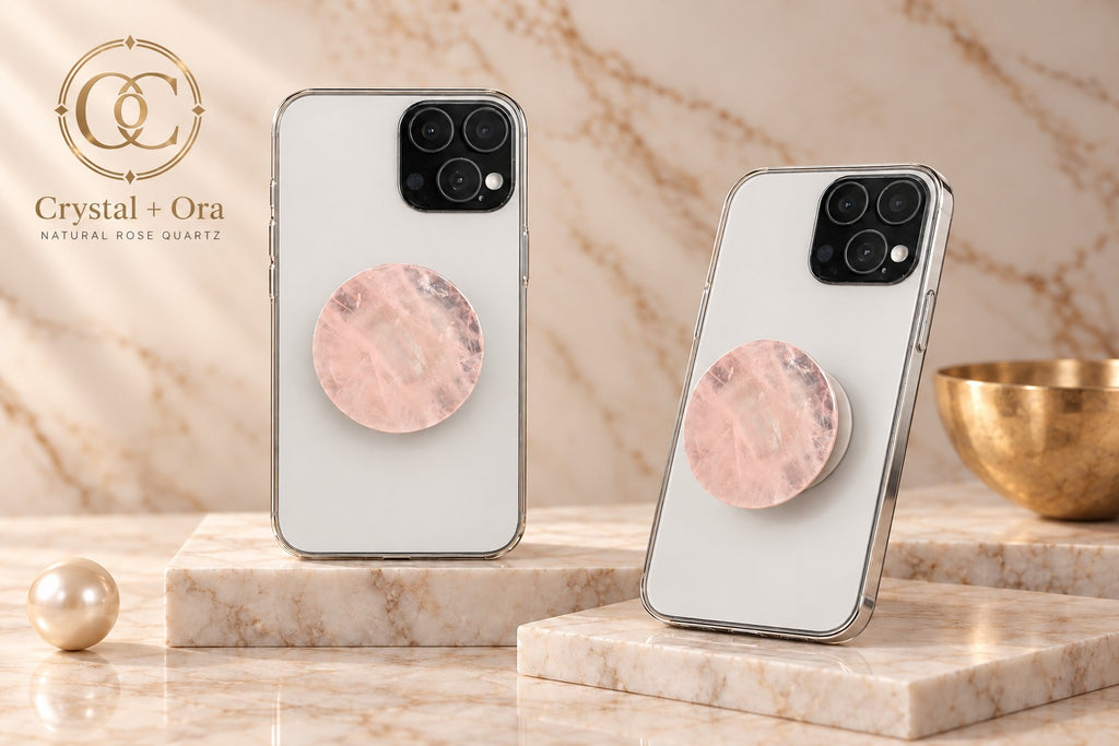 Round blush pink rose quartz Halo phone grip on two white phones
