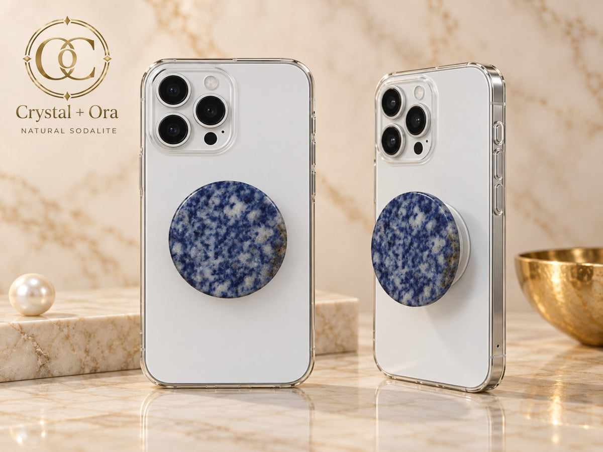 Round blue and white sodalite Halo phone grip on two white phones