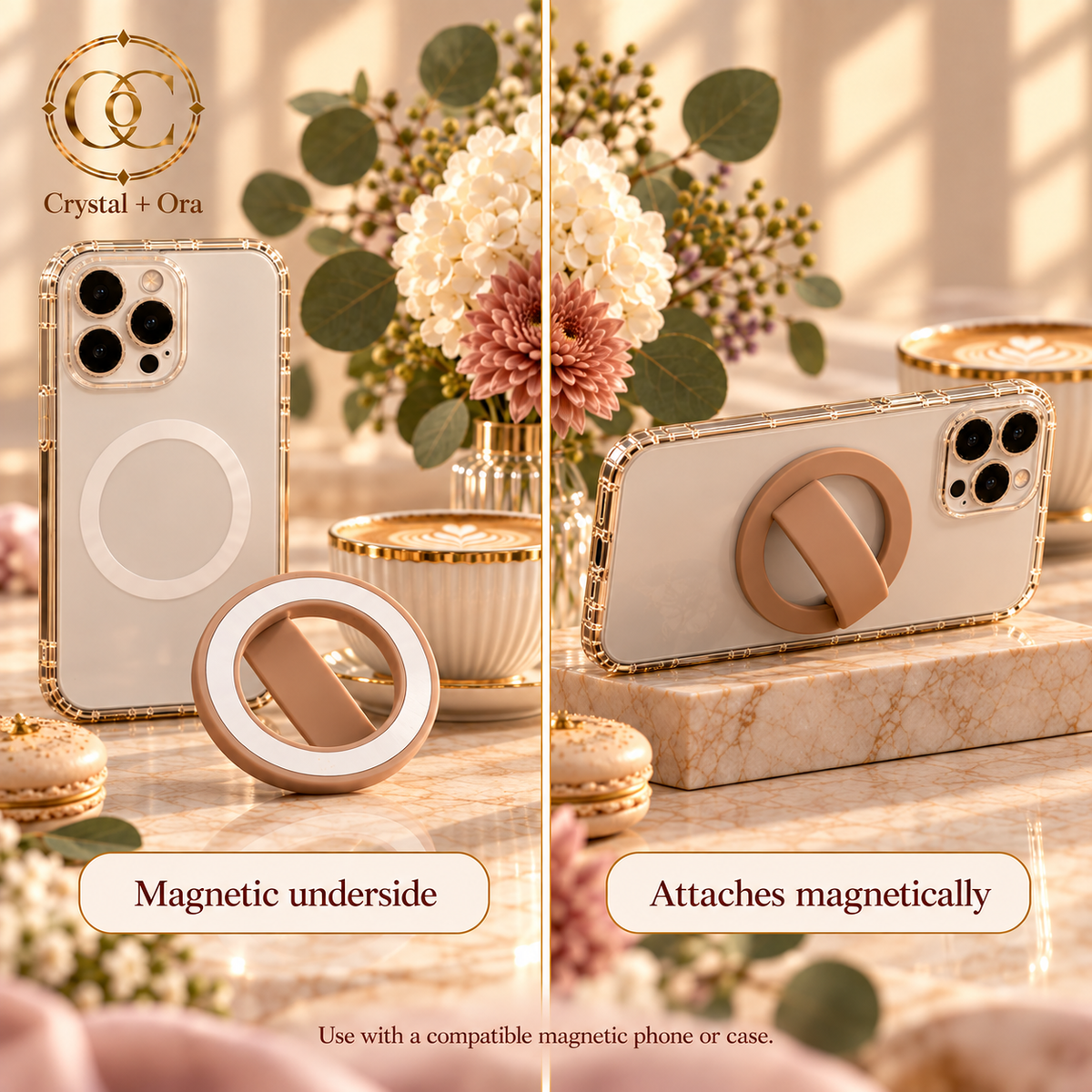 Tan magnetic silicone phone ring showing its magnetic underside and attached view with feminine cafe props