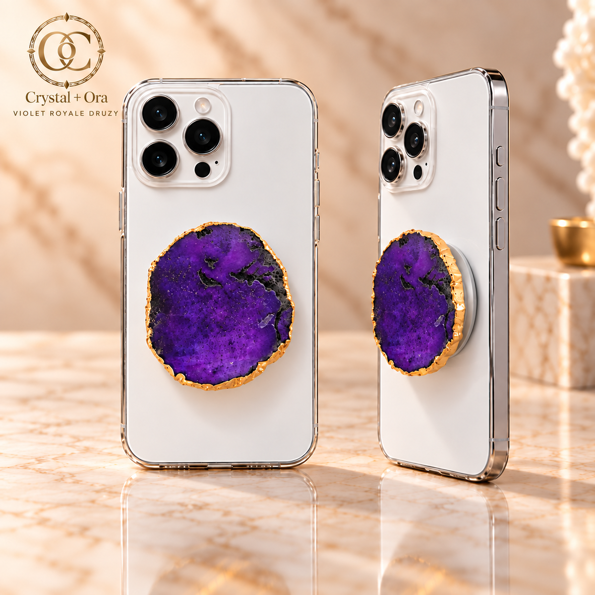 Violet Royale Druzy Adhesive Phone Grip — rear and angled phone views