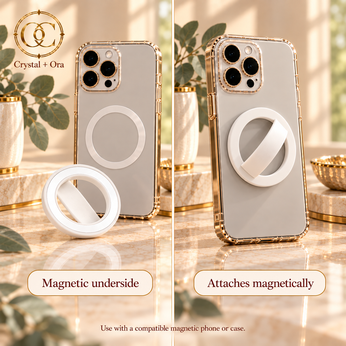 White magnetic silicone phone ring showing the magnetic underside and attached view with green leaves and gold accents
