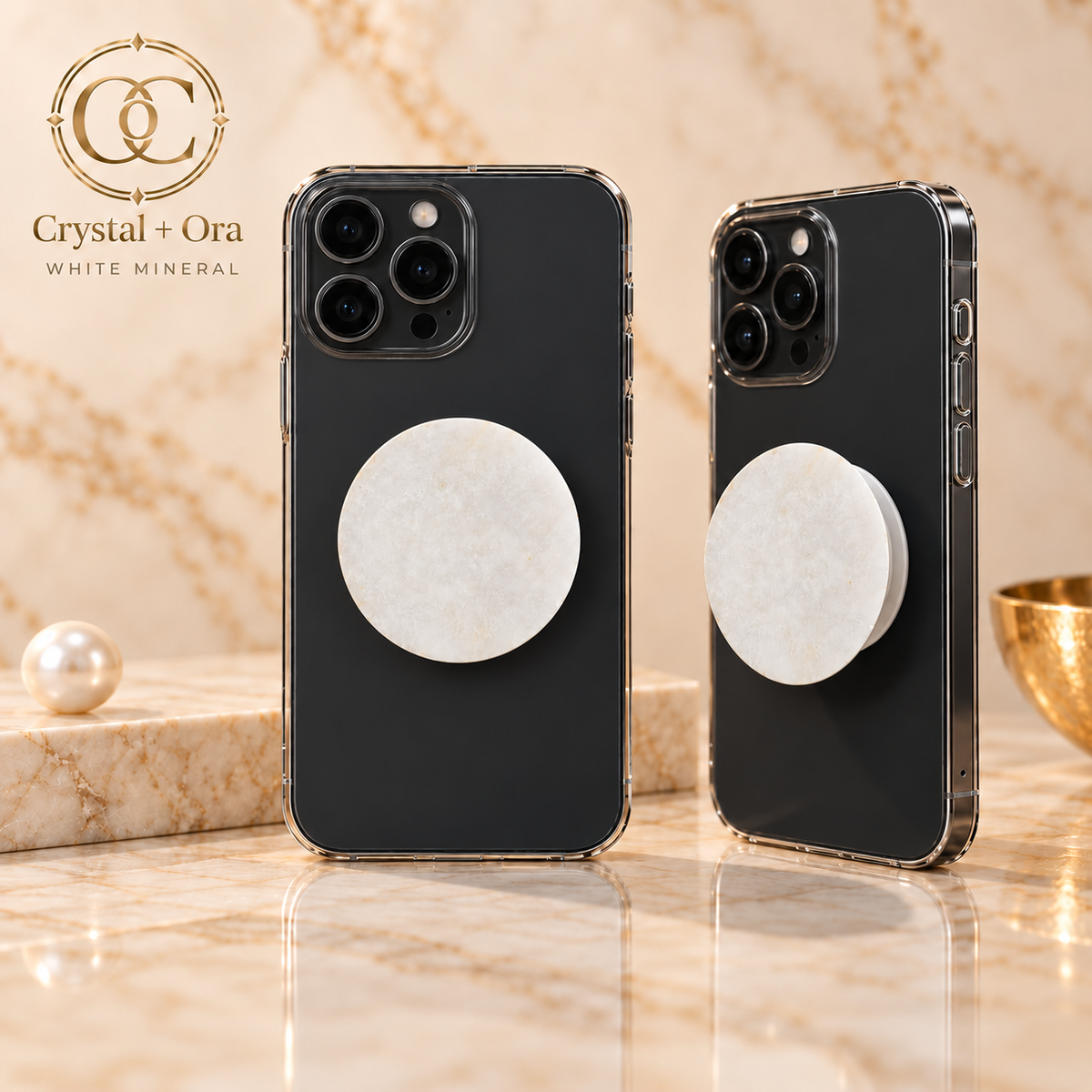 Round white mineral Halo phone grip on two black phones